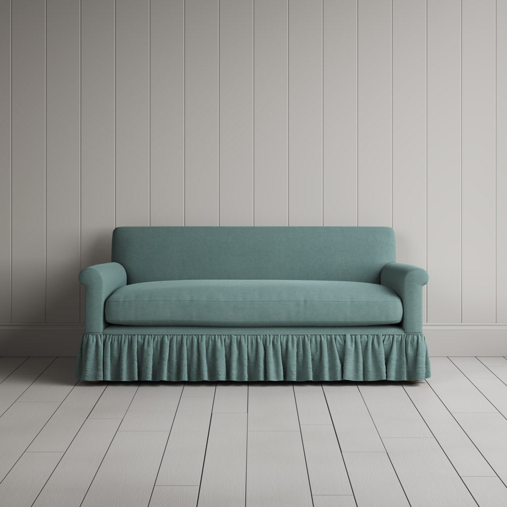 Curtain Call 2 Seater Sofa in laidback linen cerulean, full front view by Nicola Harding.