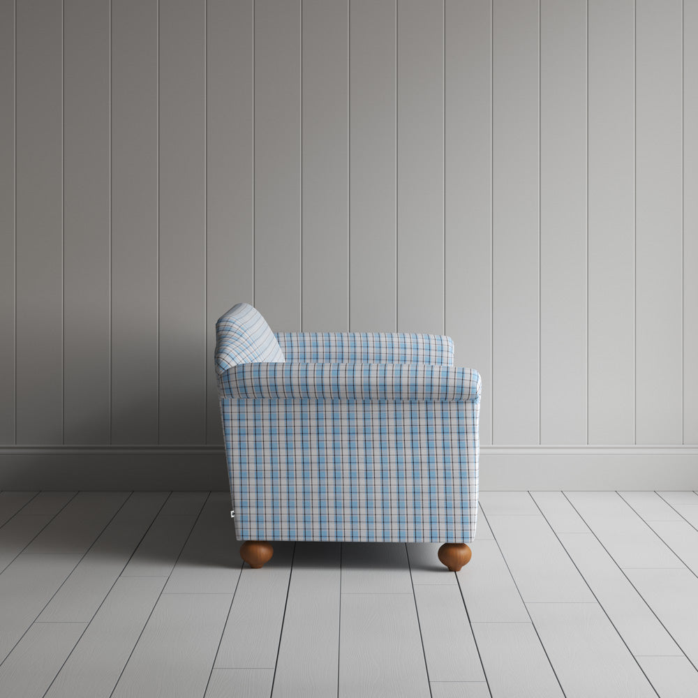Side profile of Dolittle 2 Seater Sofa in Square Deal Cotton, Blue Brown