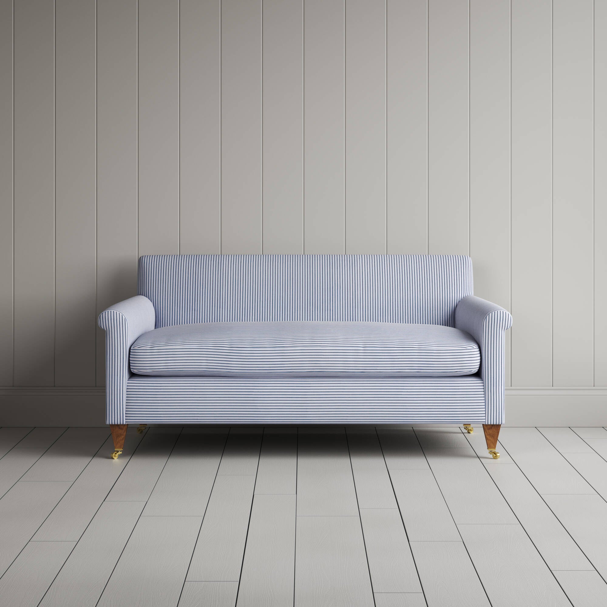 Front View of Idler 2 Seater Sofa in Ticking Cotton, Aqua Brown