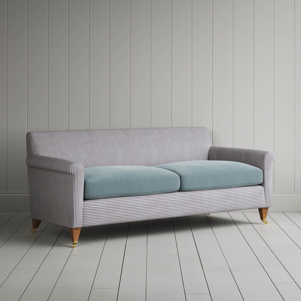 Idler 3 seater sofa in Ticking Blue Brown and Velvet Mineral angled front view