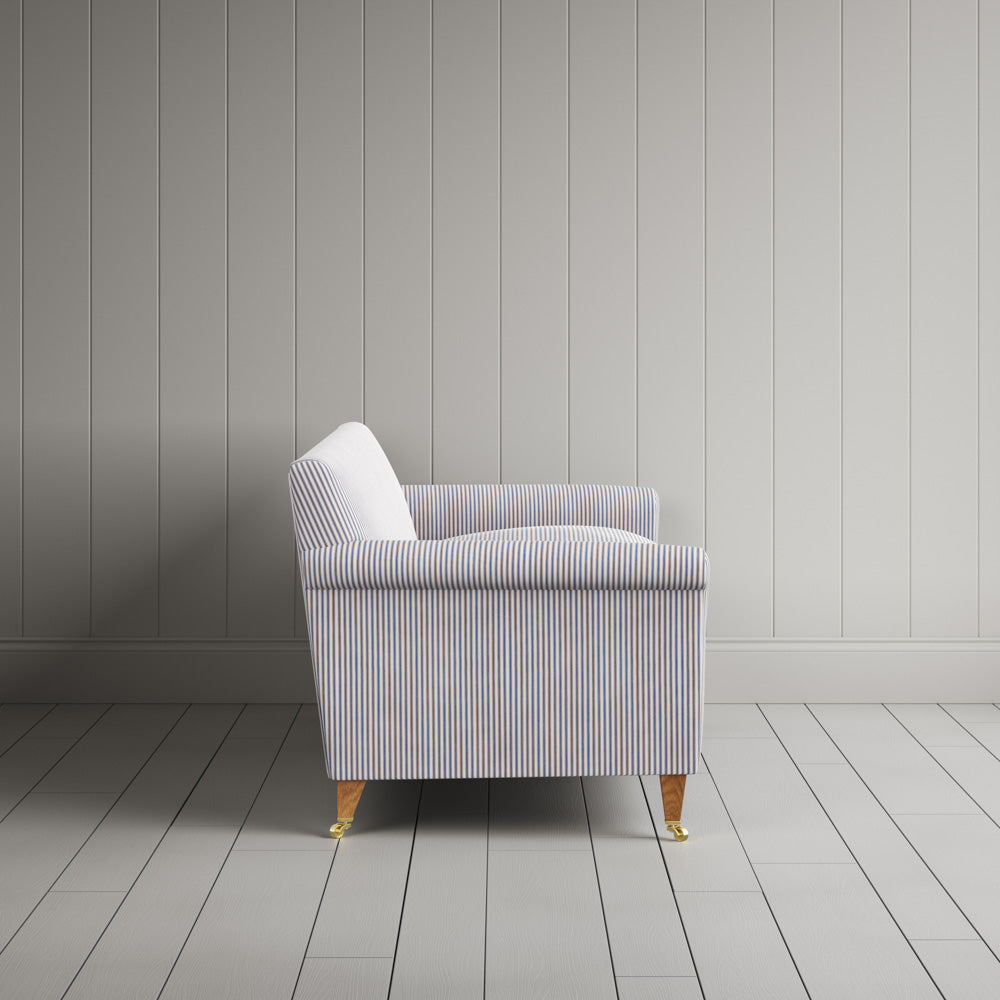 Side profile of Idler 3 Seater Sofa in Ticking Cotton, Blue Brown