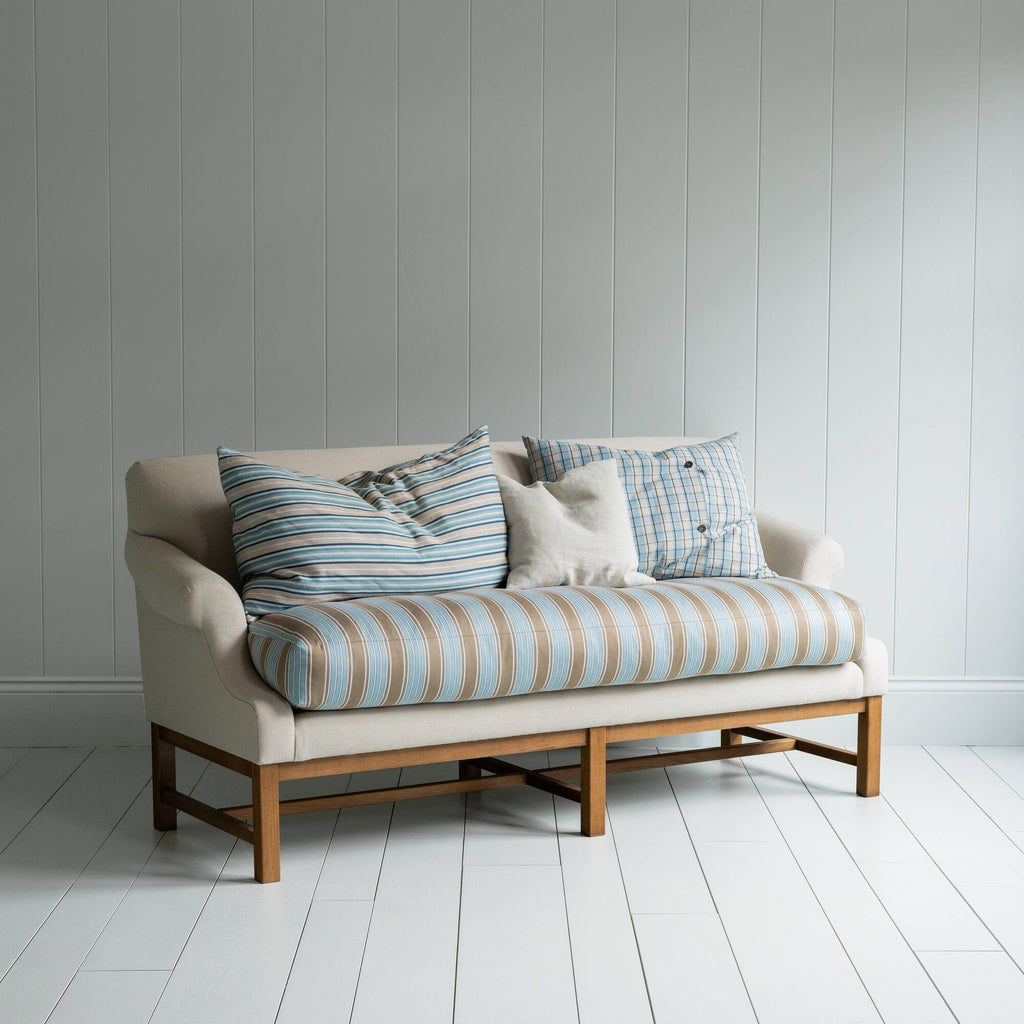 Front Row 3 Seater Upholstered Bench in Laidback Linen Dove Frame and Regatta Cotton Blue Seat With 3 Cushions - By NiX