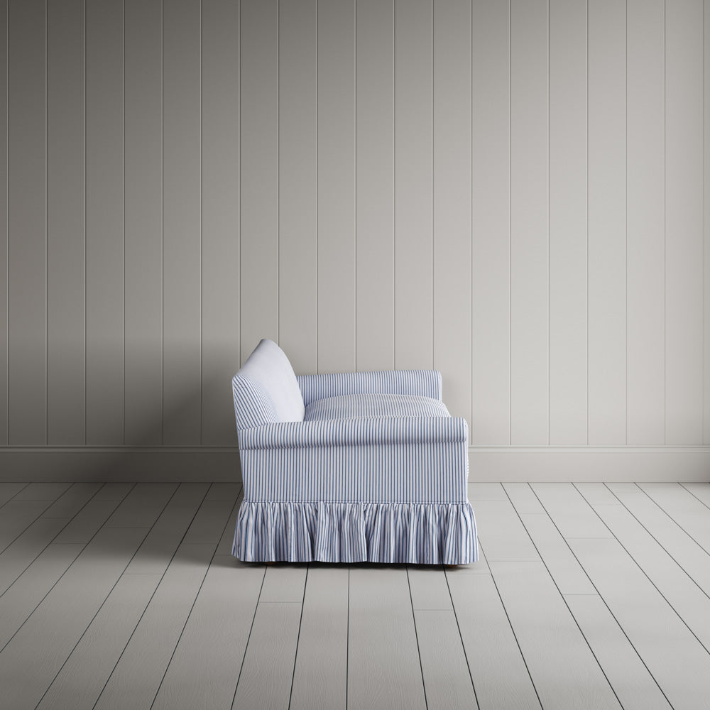 Side View of 4 Seater Sofa Curtain Call in Ticking Cotton, Aqua Brown