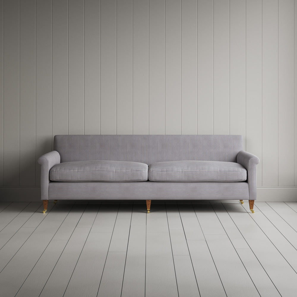 Front View of Idler 4 Seater Sofa in Ticking Cotton, Blue Brown