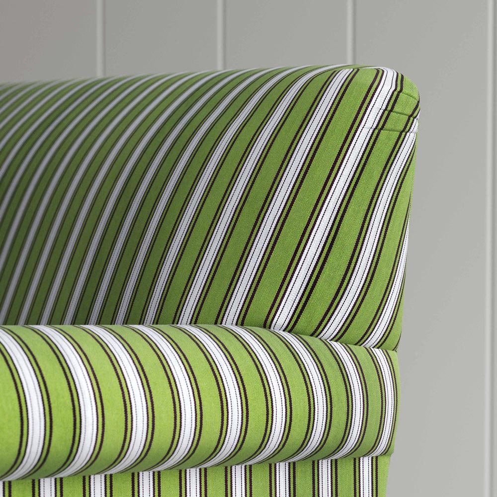 Nicola Harding Curtain Call love seat arm closeup, Colonnade Cotton Green and Wine