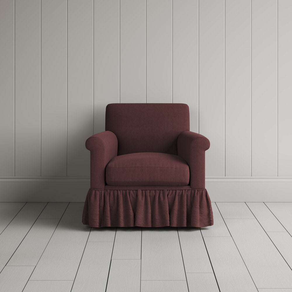Front View of Curtain Call Armchair in Laidback Linen Damson