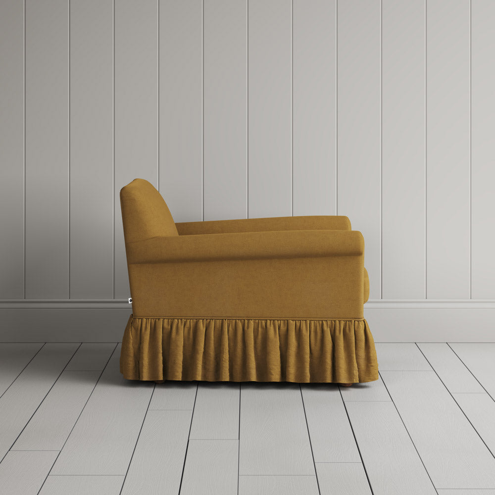 Side View of Curtain Call Armchair in Laidback Linen Ochre