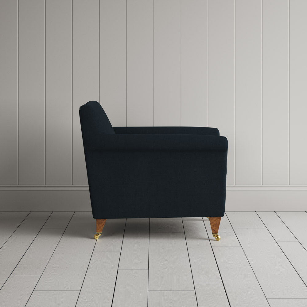 Side View of Idler Armchair in Laidback Linen Midnight