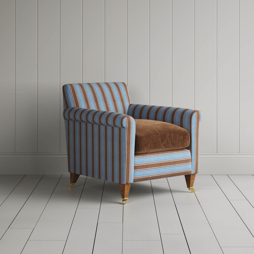 Idler Armchair in Regatta Blue Frame and Classic Corduroy Tobacco Seat angled view