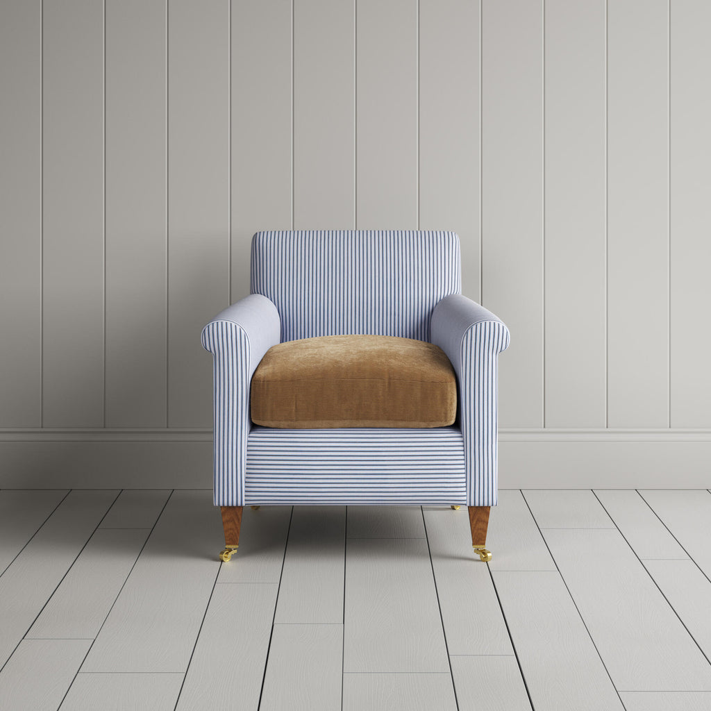 Idler Armchair in Ticking Aqua Brown Frame and Classic Corduroy Stone Beige Seat front view