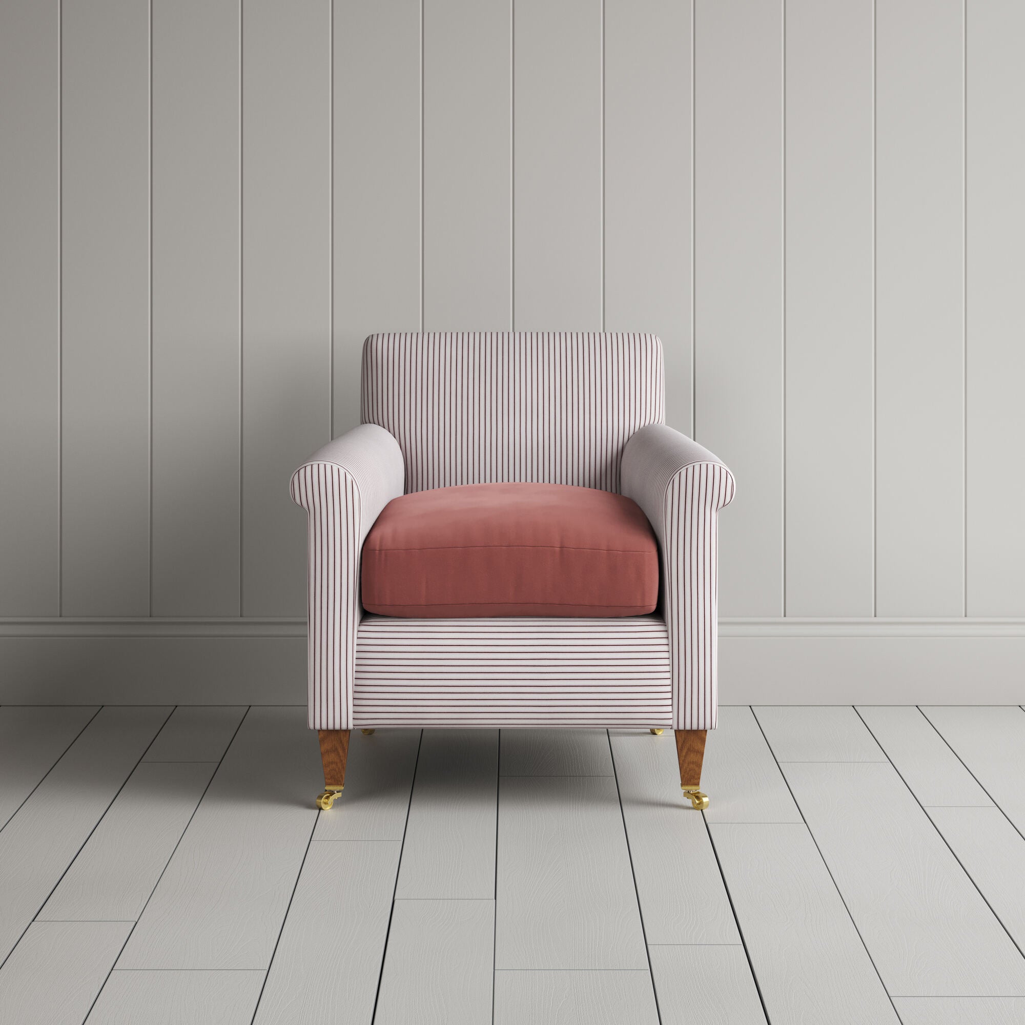 Idler Armchair in Ticking Berry Frame and Intelligent Velvet Damson Seat front view