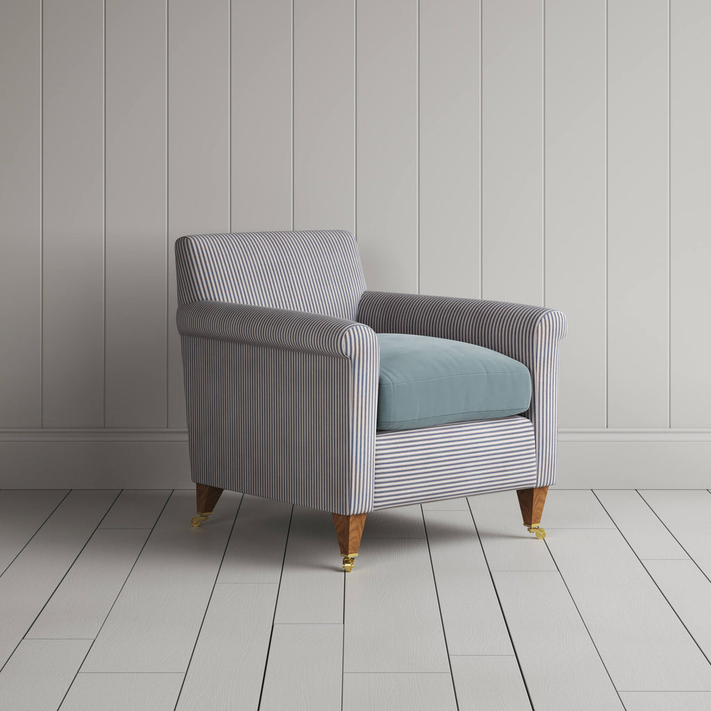 Idler Armchair in Ticking Blue Brown Frame and Intelligent Velvet Mineral Seat angled view