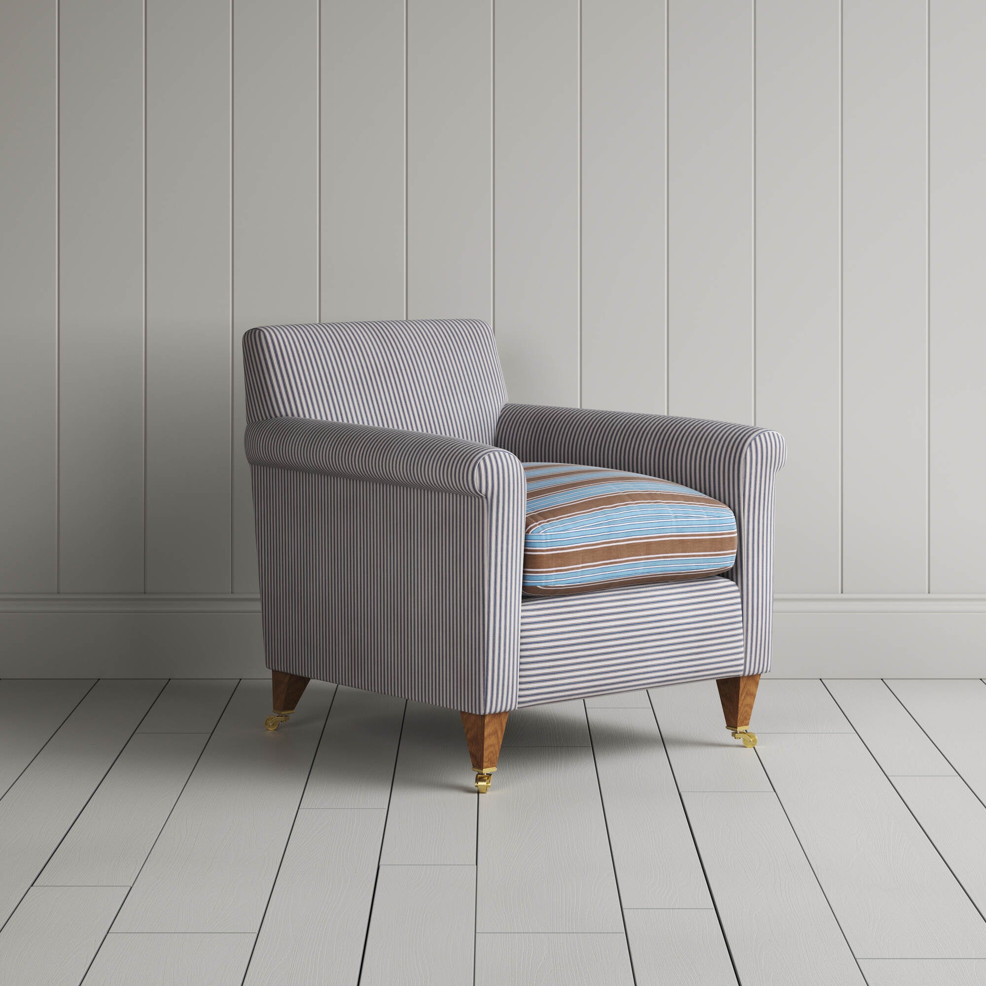 Idler Armchair in Ticking Blue Brown Frame and Regatta Blue Seat angled view