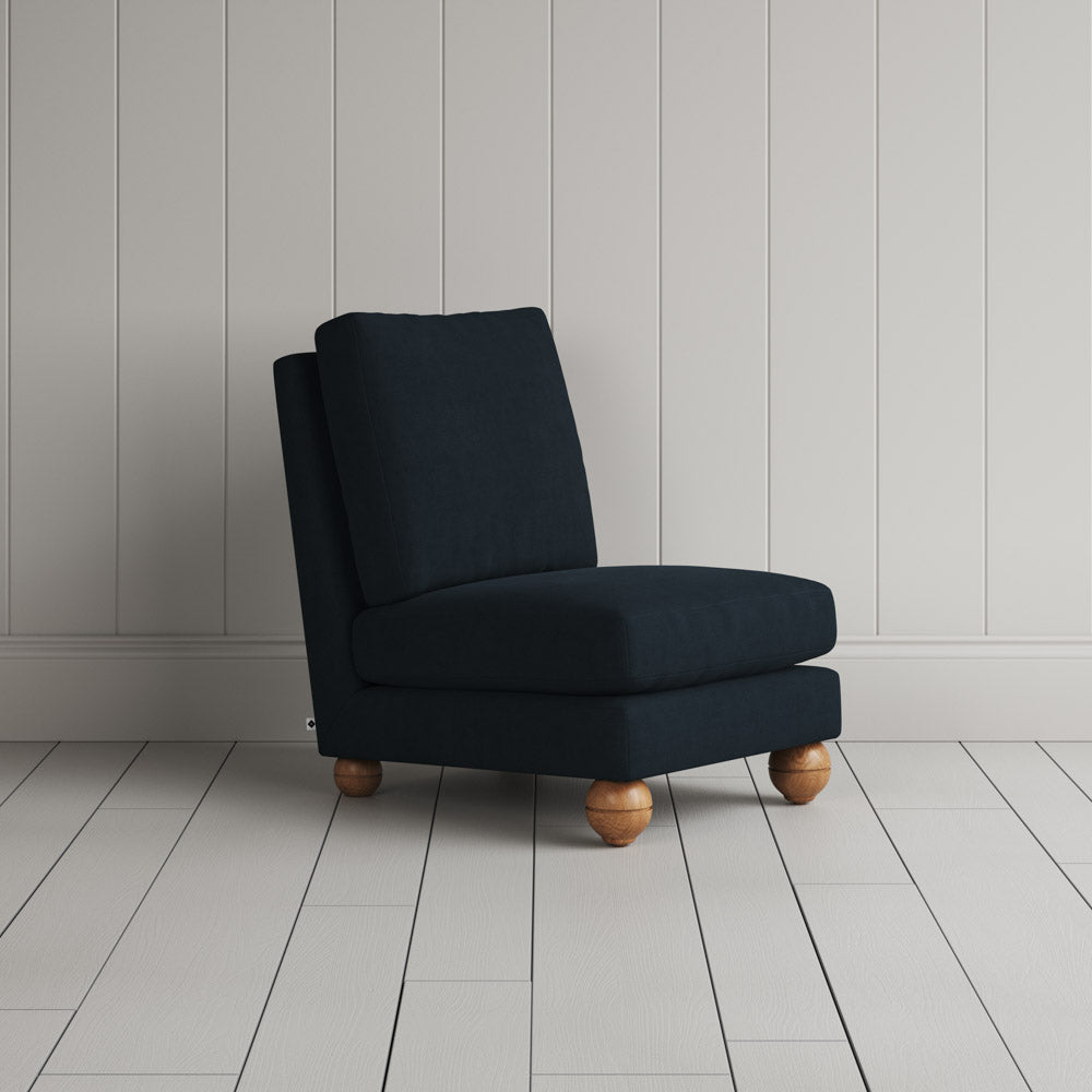 Perch Slipper Armchair in Laidback Linen Midnight angled view