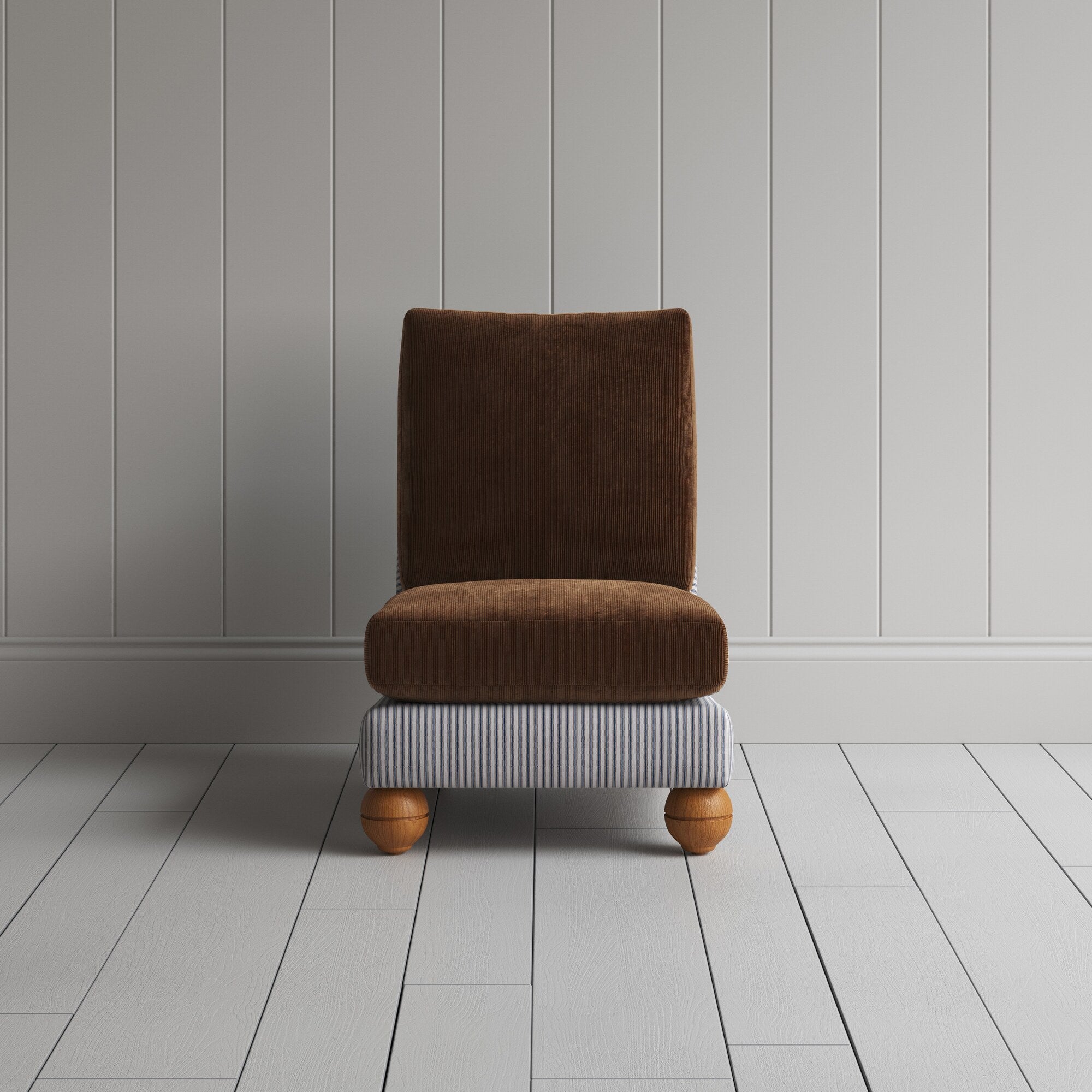 Perch Slipper Armchair in Ticking Blue Brown Frame and Classic Corduroy Tobacco Seat