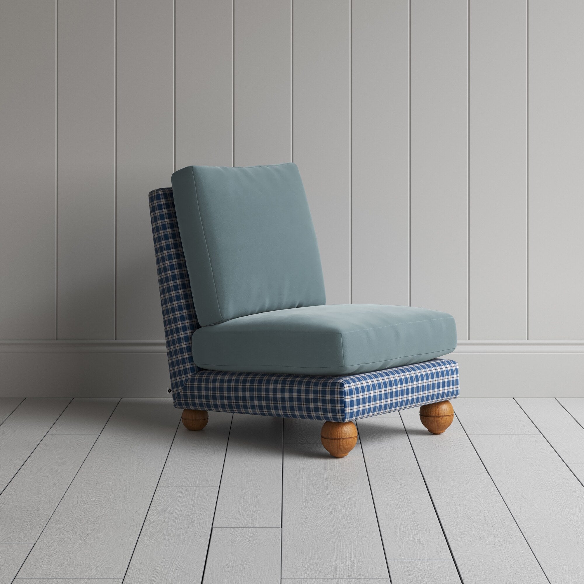 Perch Slipper Armchair in Well Plaid Frame and Intelligent Velvet Mineral Seat