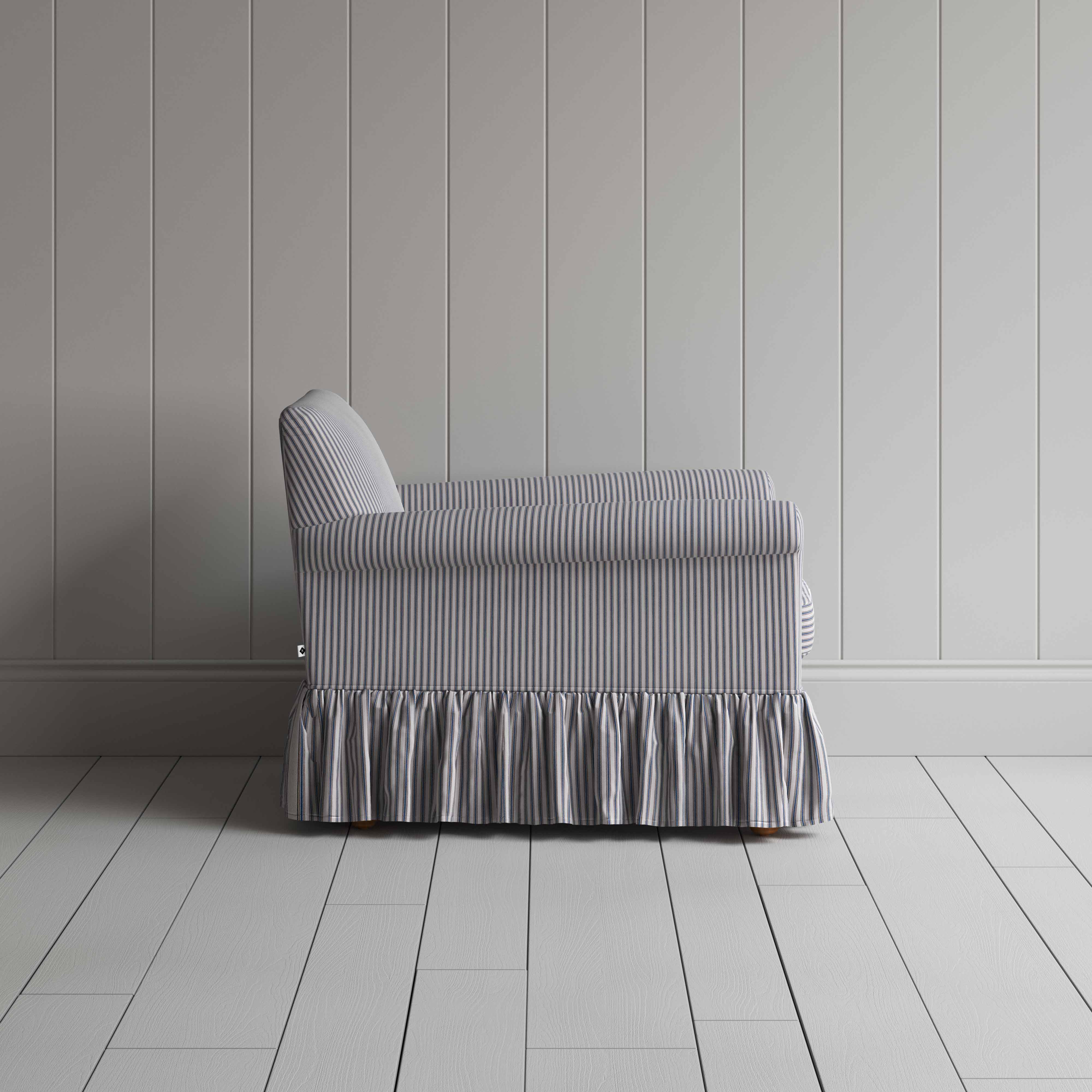 Curtain Call Armchair in Ticking Cotton, Blue Brown, Side View - Nicola Harding