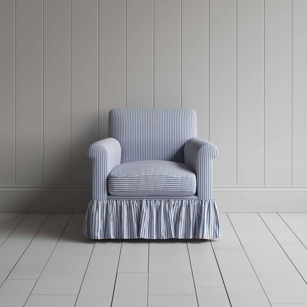 Curtain Call Armchair in Ticking Cotton, Aqua Brown, Front View - Nicola Harding
