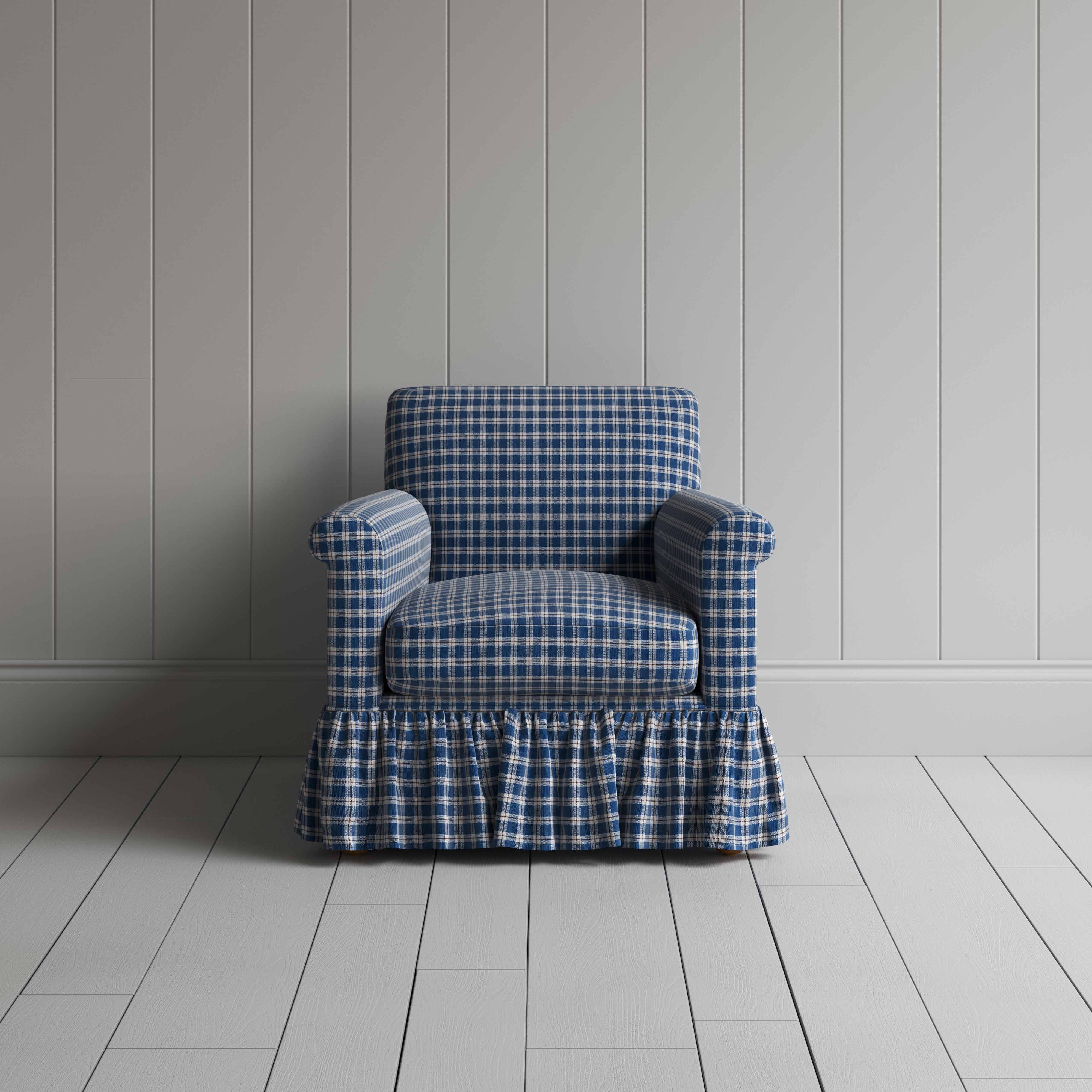 Curtain Call Armchair in Well Plaid Cotton, Blue Brown, Front View - Nicola Harding