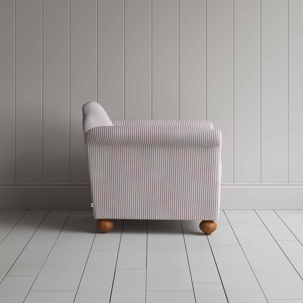 Dolittle Armchair in Ticking Cotton, Berry, Side View - Nicola Harding