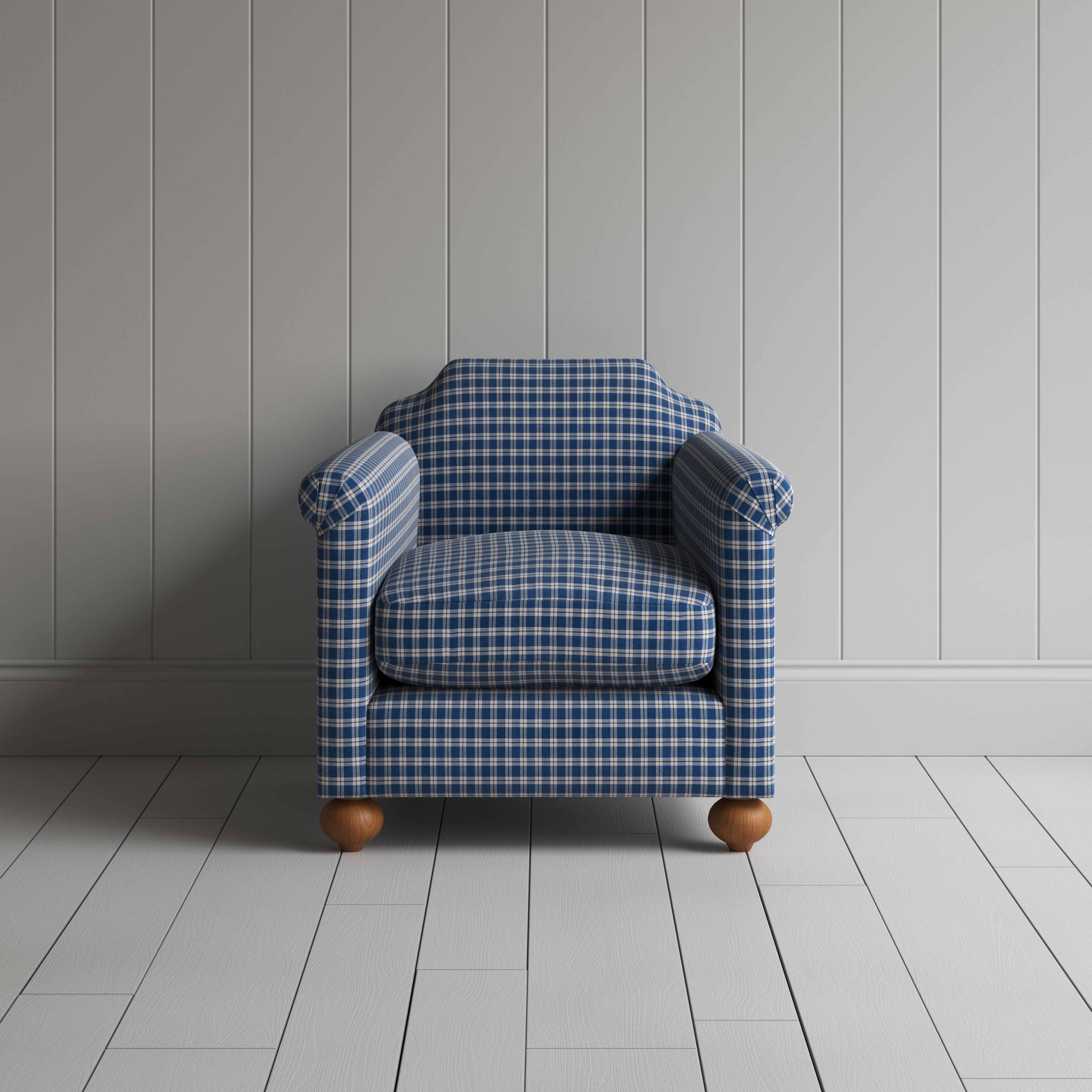Dolittle Armchair in Well Plaid Cotton, Blue Brown, Front View - Nicola Harding