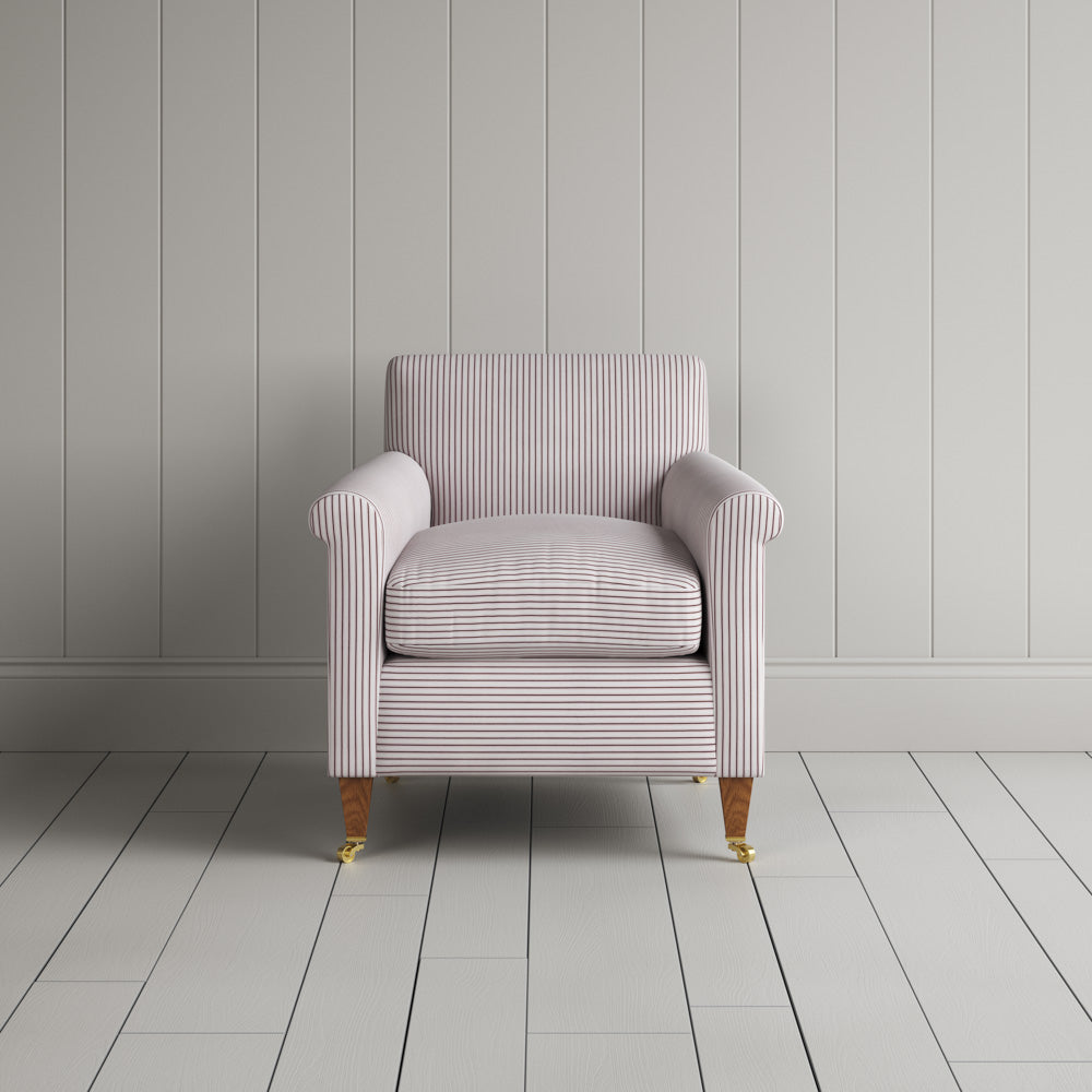 Idler Armchair in Ticking Cotton, Berry - Nicola Harding