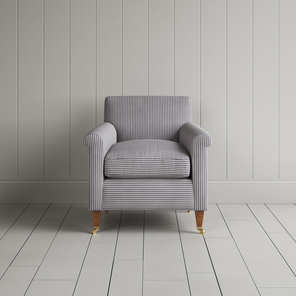 Idler Armchair in Ticking Cotton, Blue Brown - Nicola Harding