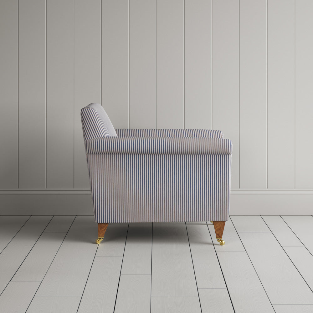 Idler Armchair in Ticking Cotton, Blue Brown - Nicola Harding
