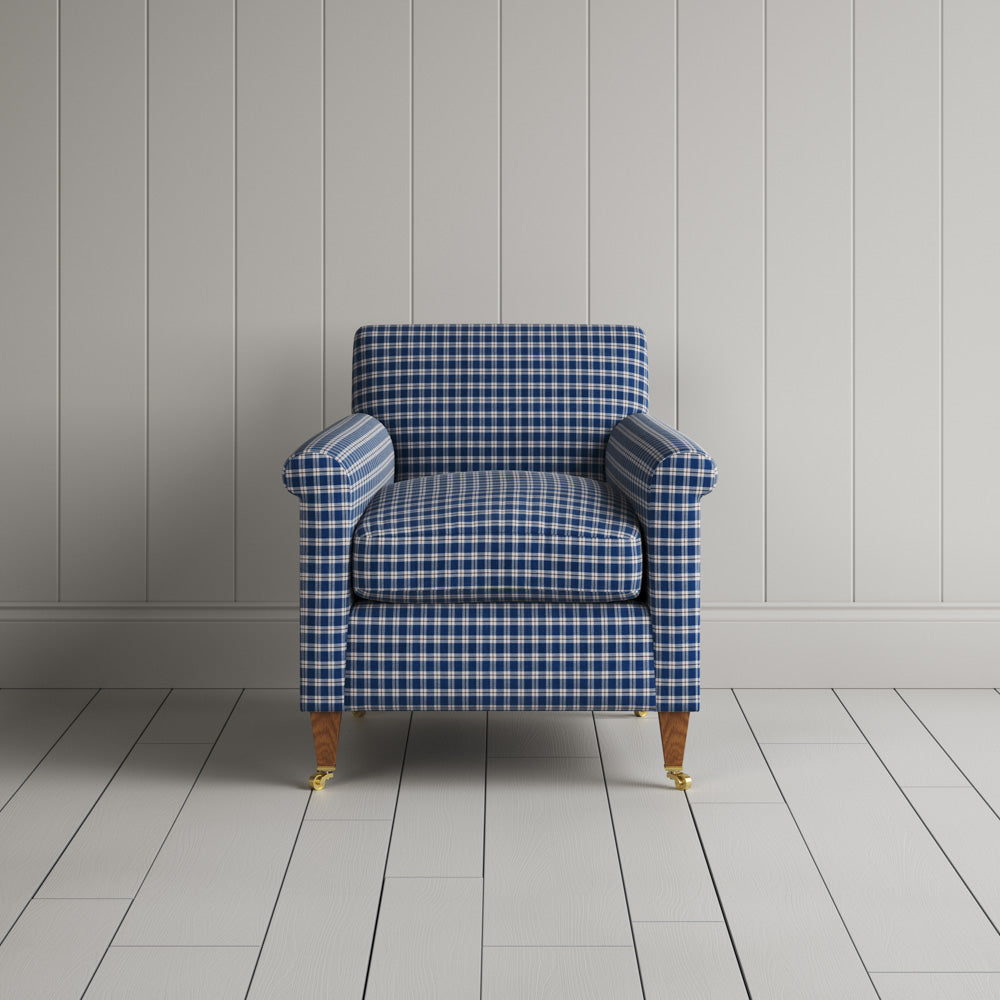 Idler Armchair in Well Plaid Cotton, Blue Brown - Nicola Harding