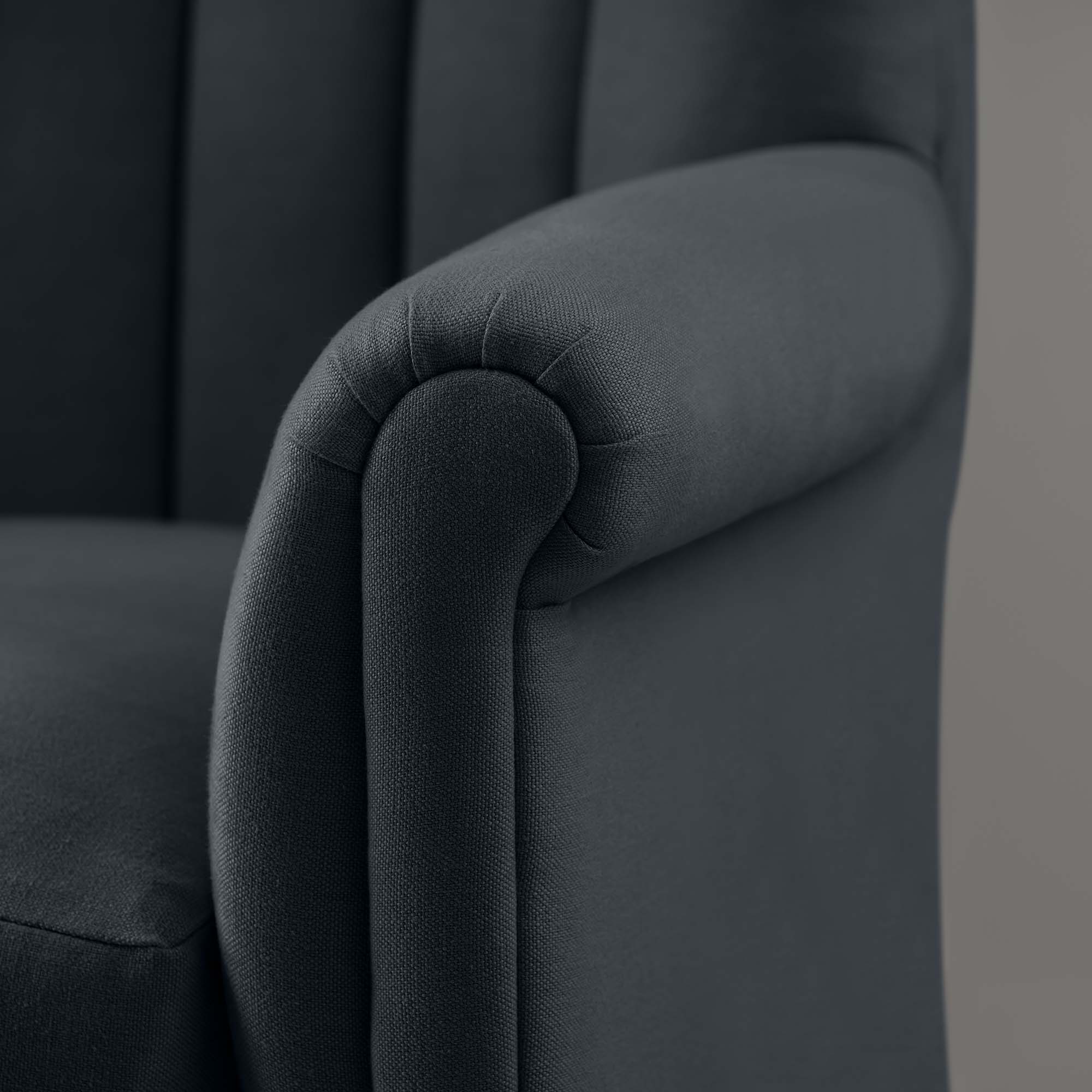 Time Out Armchair in Laidback Linen Midnight, Arm Design Closeup - NiX