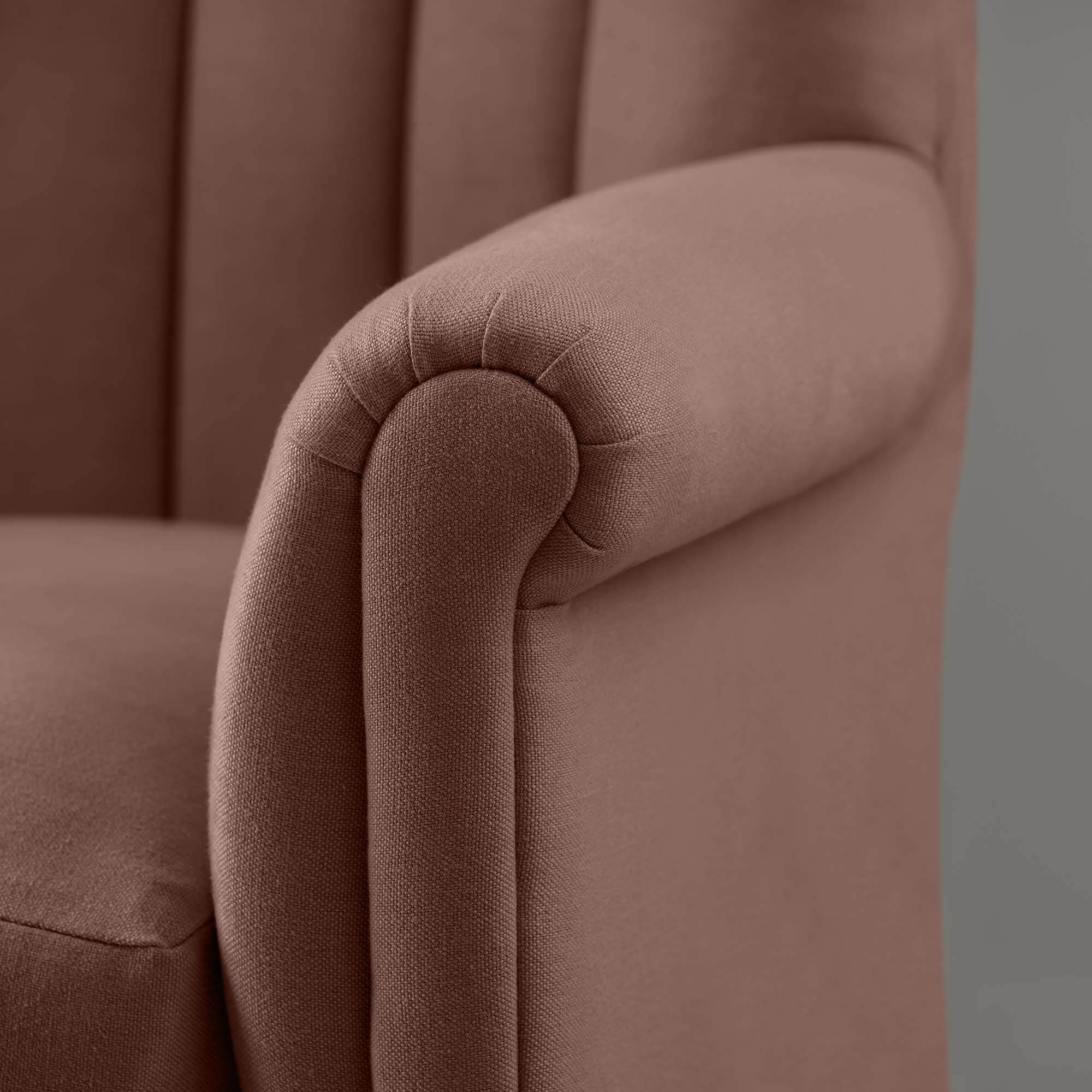Time Out Armchair in Laidback Linen Sweet Briar, Arm Design Closeup - NiX