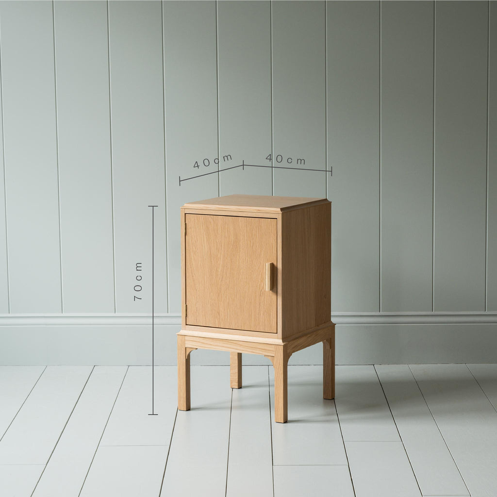 Dimensions of Bits and Bobs Bedside Table, Natural Oak, Left Hand Side. Height is 70cm, Lenght & Width 40cm - By NiX Studio