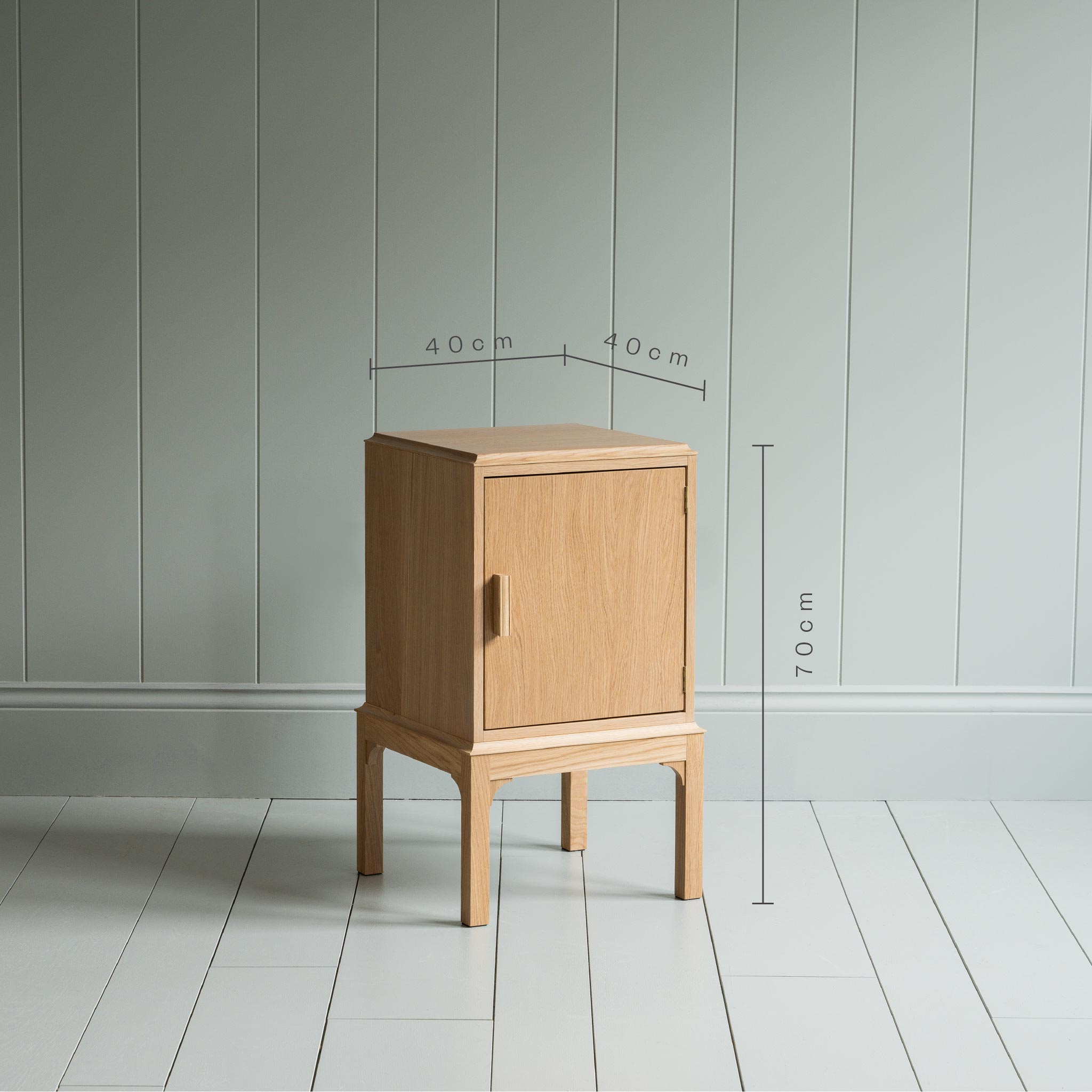 Dimensions of Bits and Bobs Bedside Table, Natural Oak, Right Hand Side Height 70cm, length & Width is 40cm - Nicola Harding
