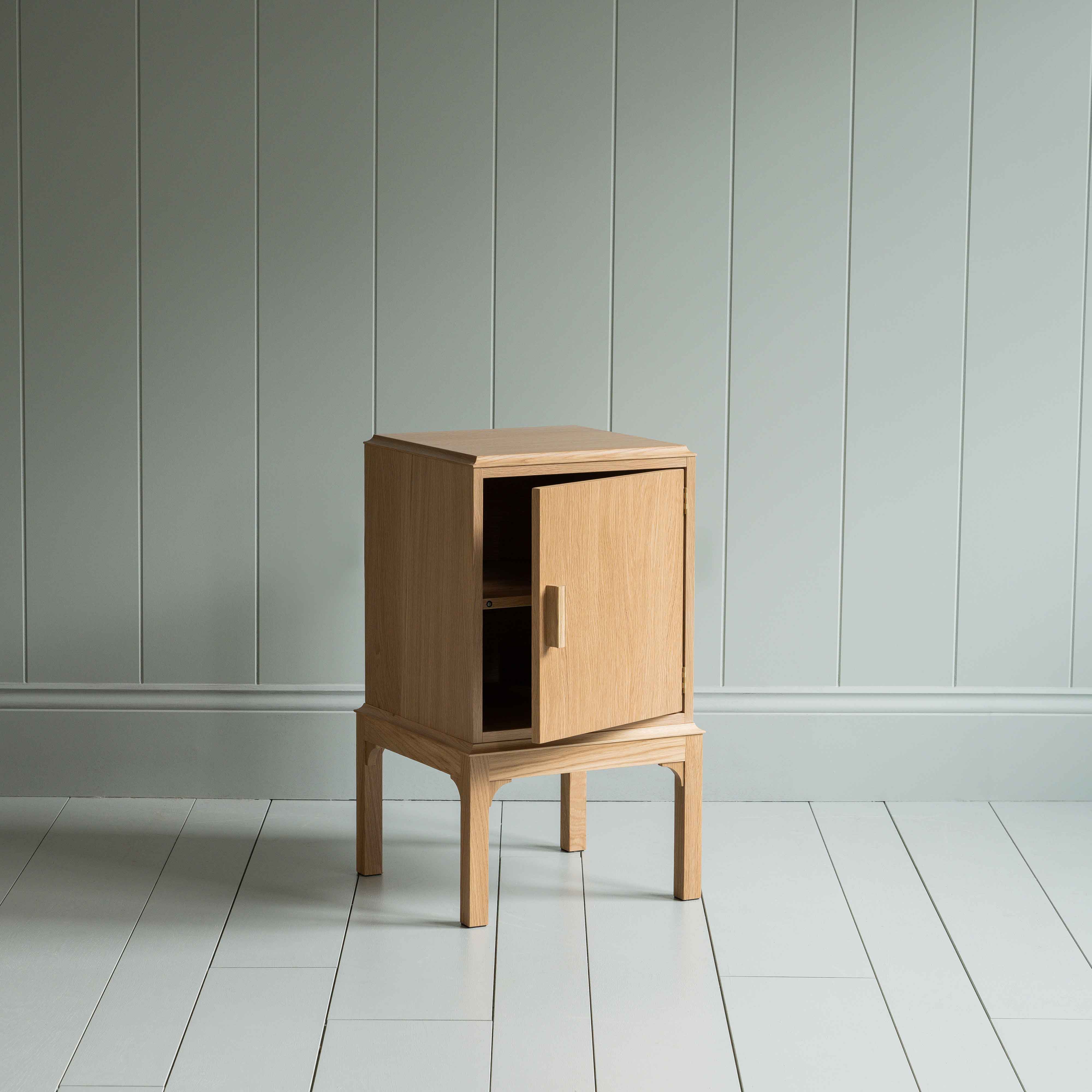 Bits and Bobs Bedside Table, Natural Oak, Right Hand Side With open storage container door - Nicola Harding