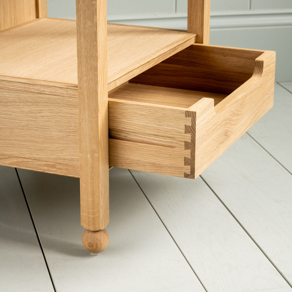 Slumber Bedside Table, Oiled Oak With Open Drawer Closeup