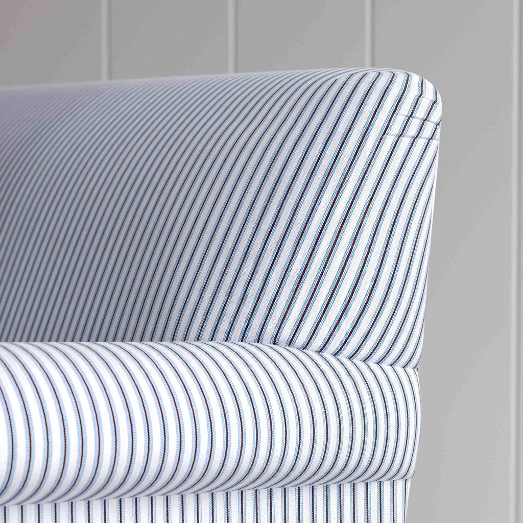 Arm and back details of the Aqua Brown sofa, showing the durable cotton stripe weave.