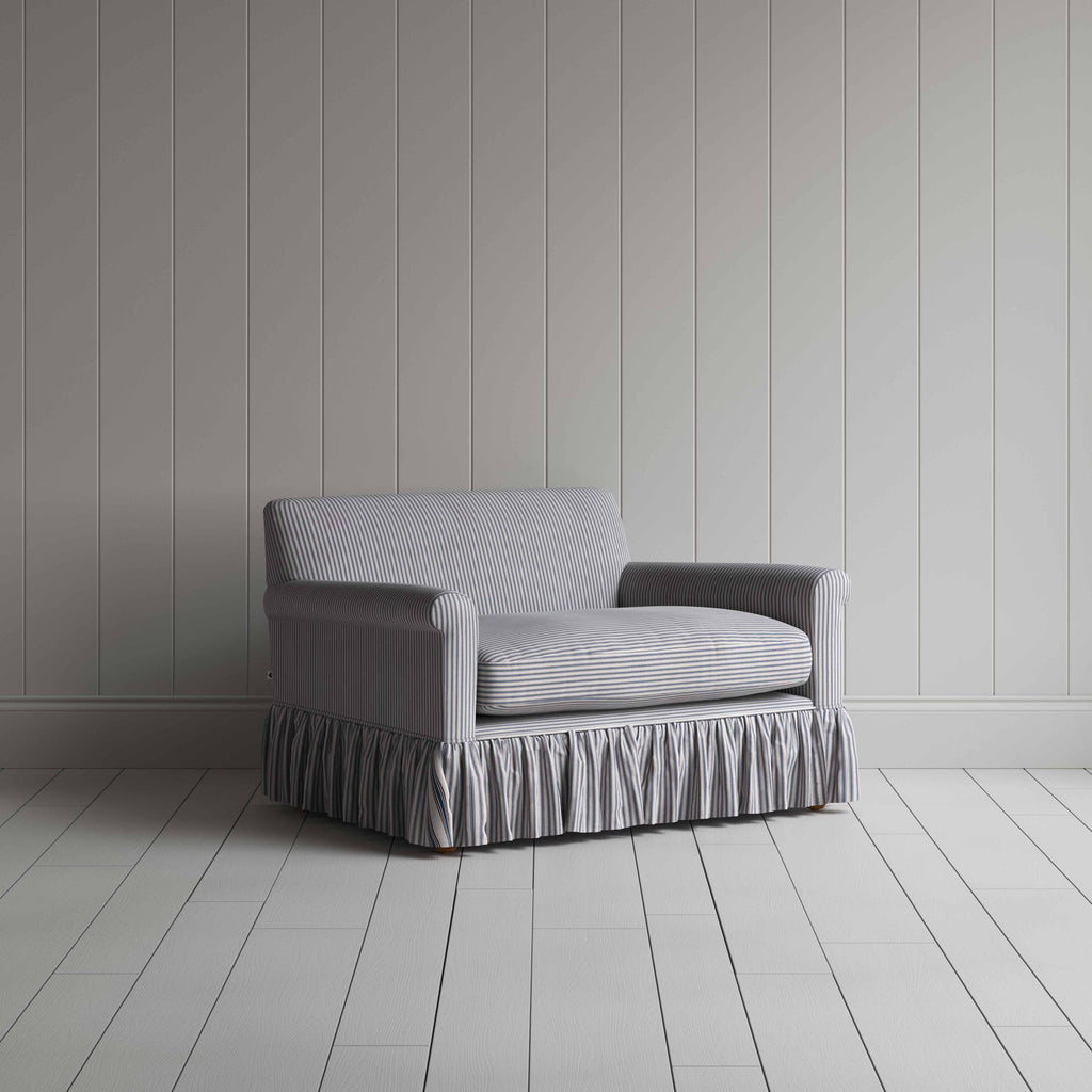 Curtain Call Love Seat in Ticking Cotton, Blue Brown - Nicola Harding