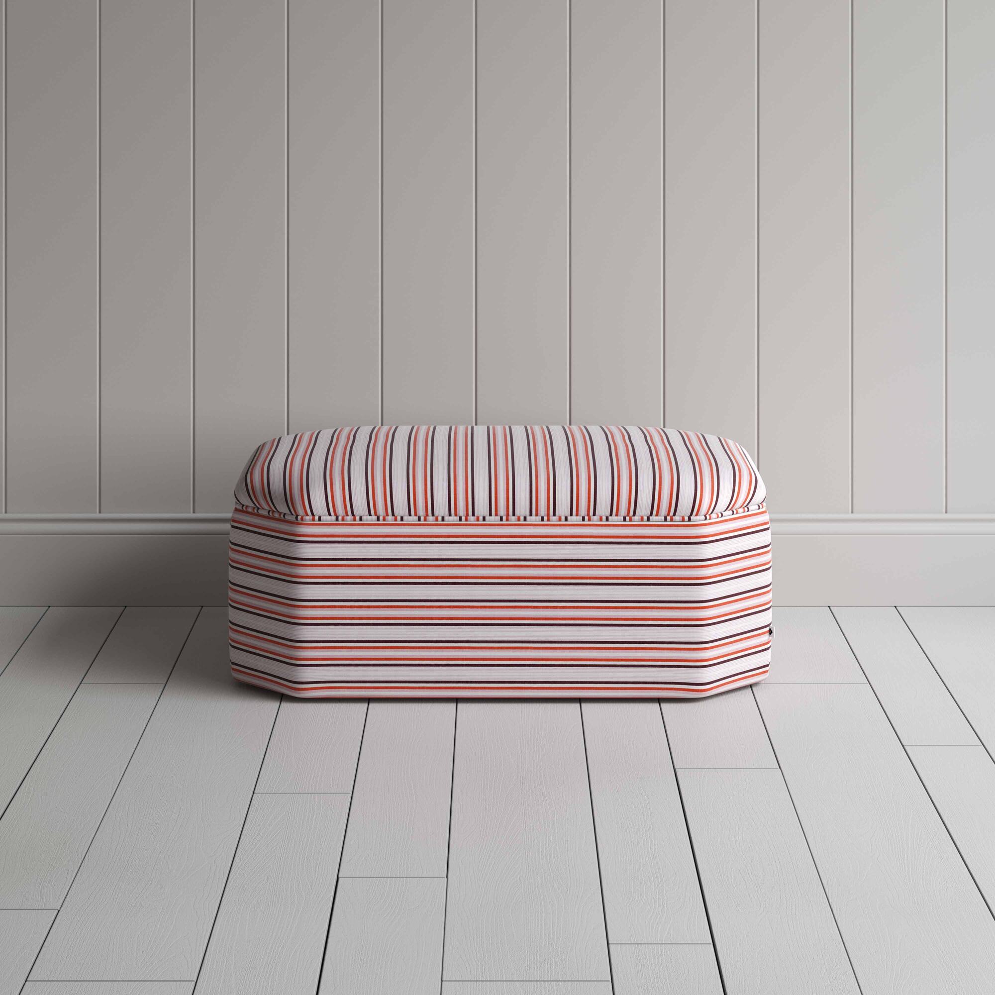 Front View of Ottoman in Slow Lane Cotton Linen, Berry - By Nicola Harding & Co.