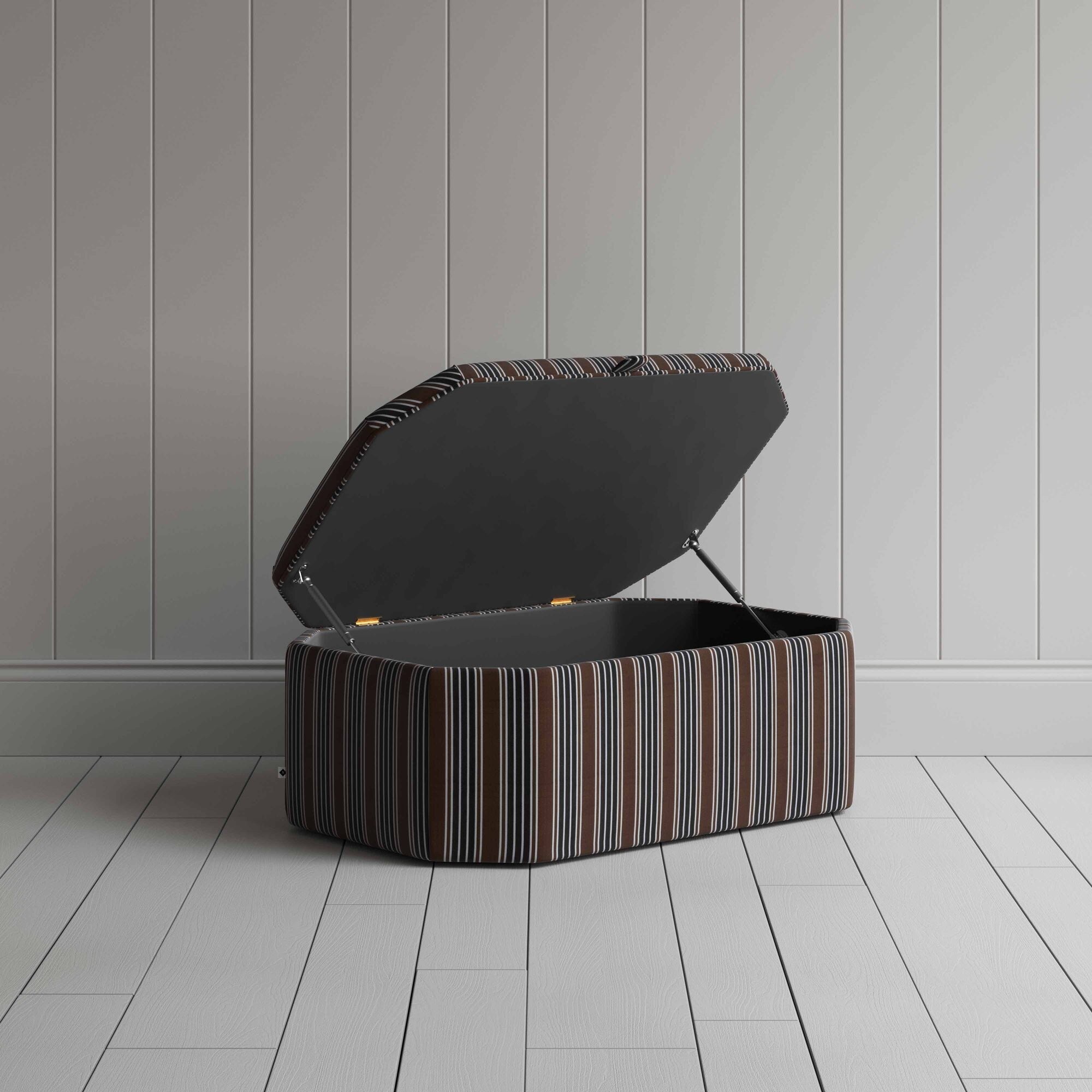 Storage Ottoman in Regatta Cotton, Charcoal With Open Lid For Storage - Nicola Harding