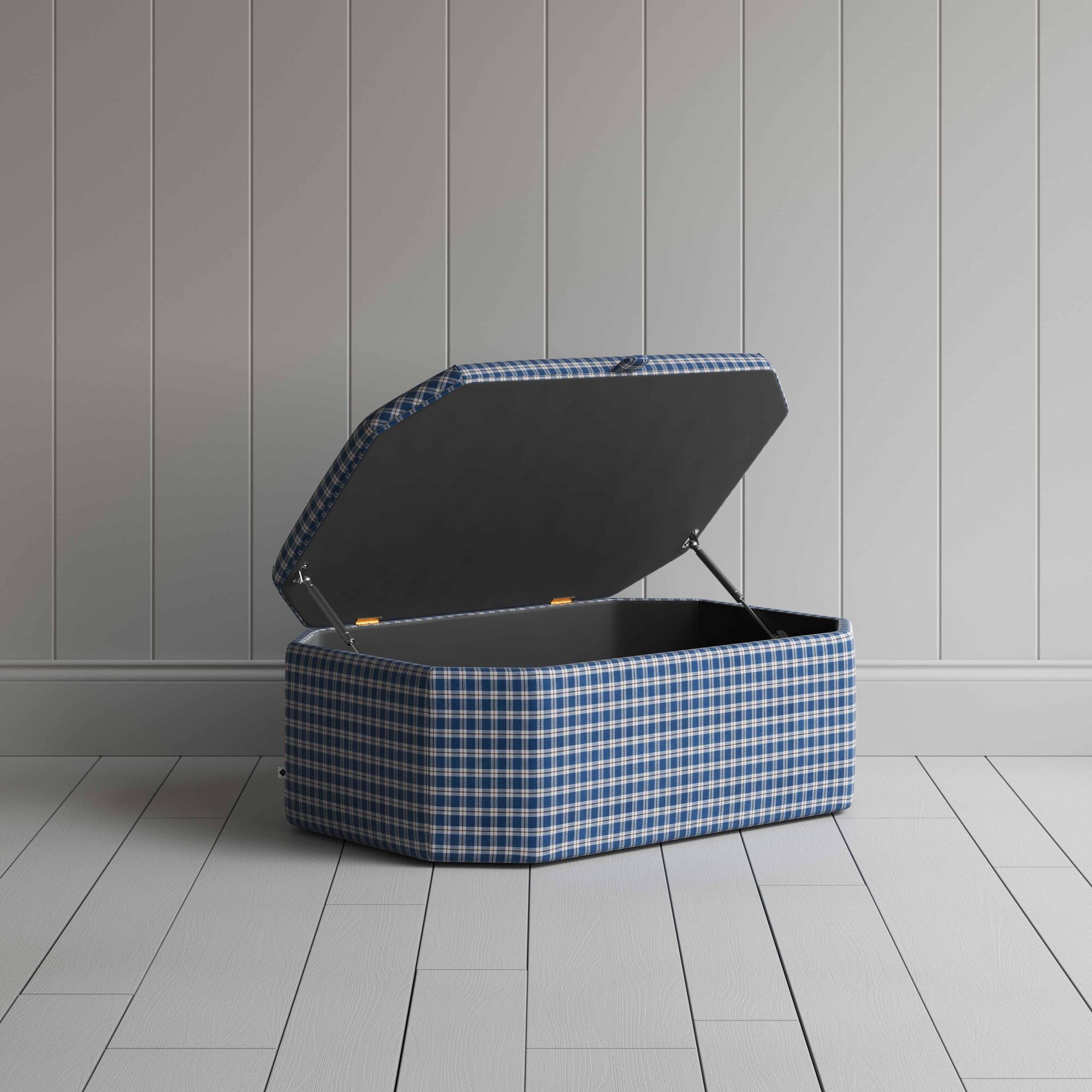 Hither Hexagonal Storage Ottoman in Well Plaid Cotton, Blue Brown With Open Lid for Storage - NiX By Nicola Harding & Co.