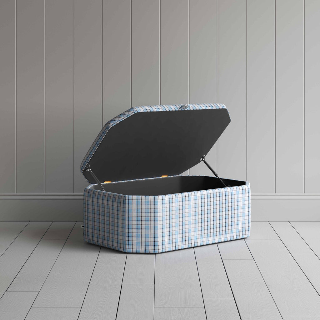 Hexagonal Storage Ottoman in Square Deal Cotton, Blue Brown With Open Lid For Storage - By NiX
