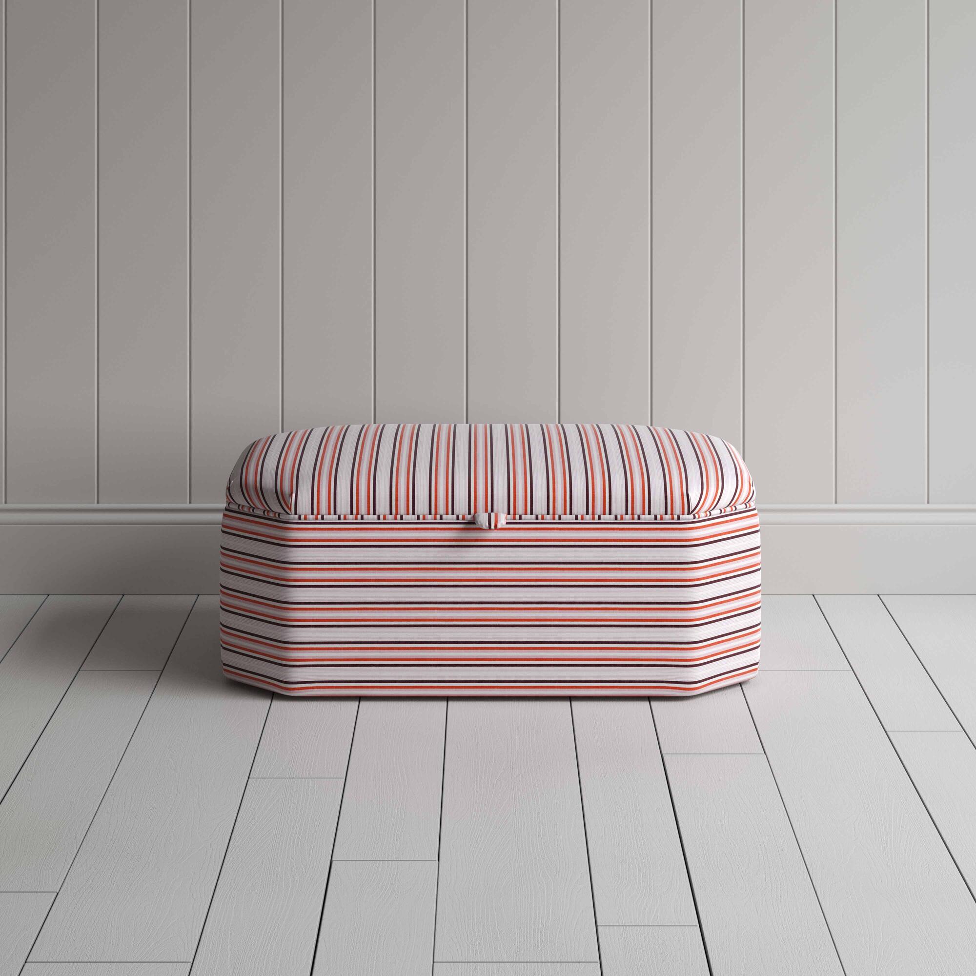 Front View of Hexagonal Storage Ottoman in Slow Lane Cotton Linen, Berry - Nicola Harding