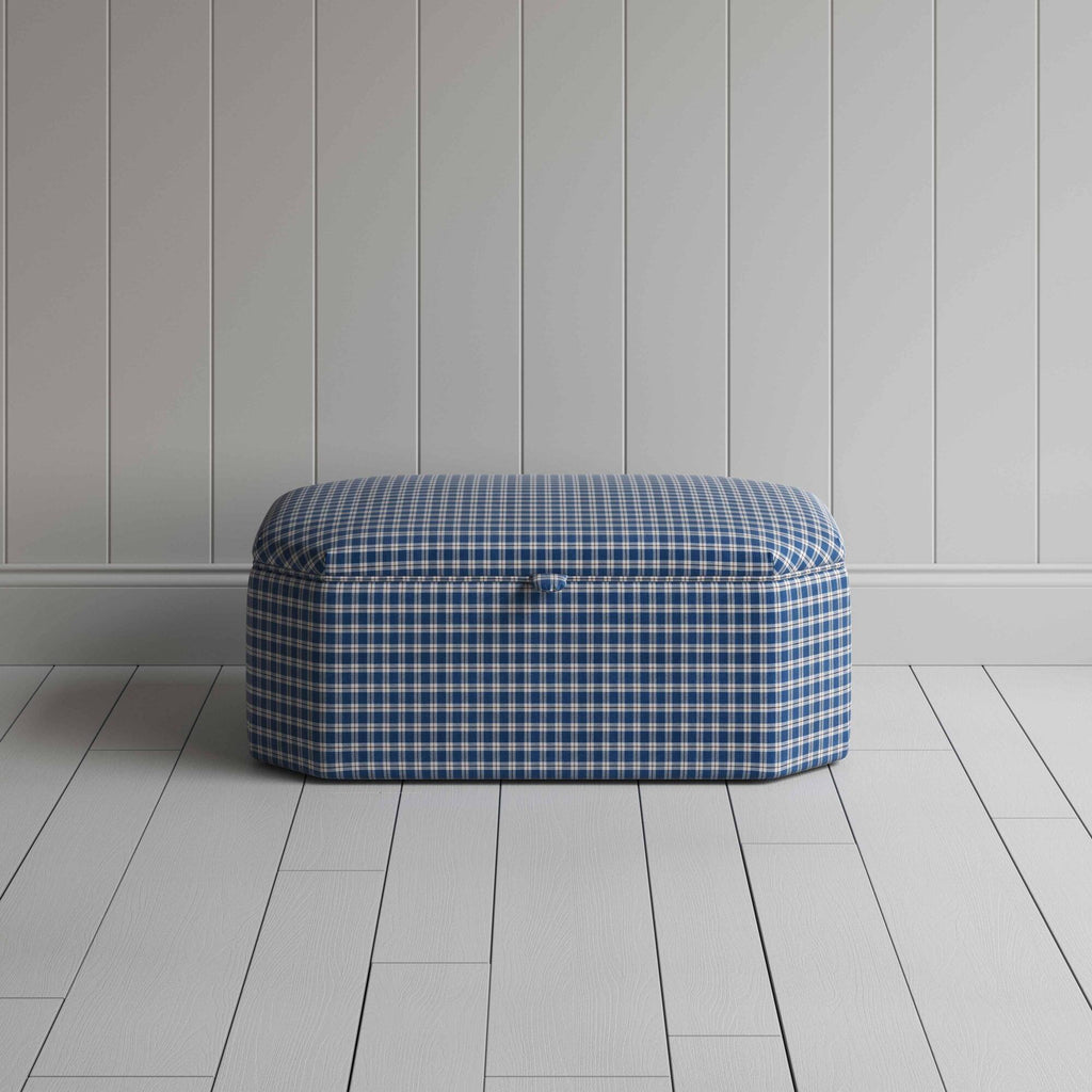 Front View of Hexagonal Storage Ottoman in Well Plaid Cotton, Blue Brown - By NiX
