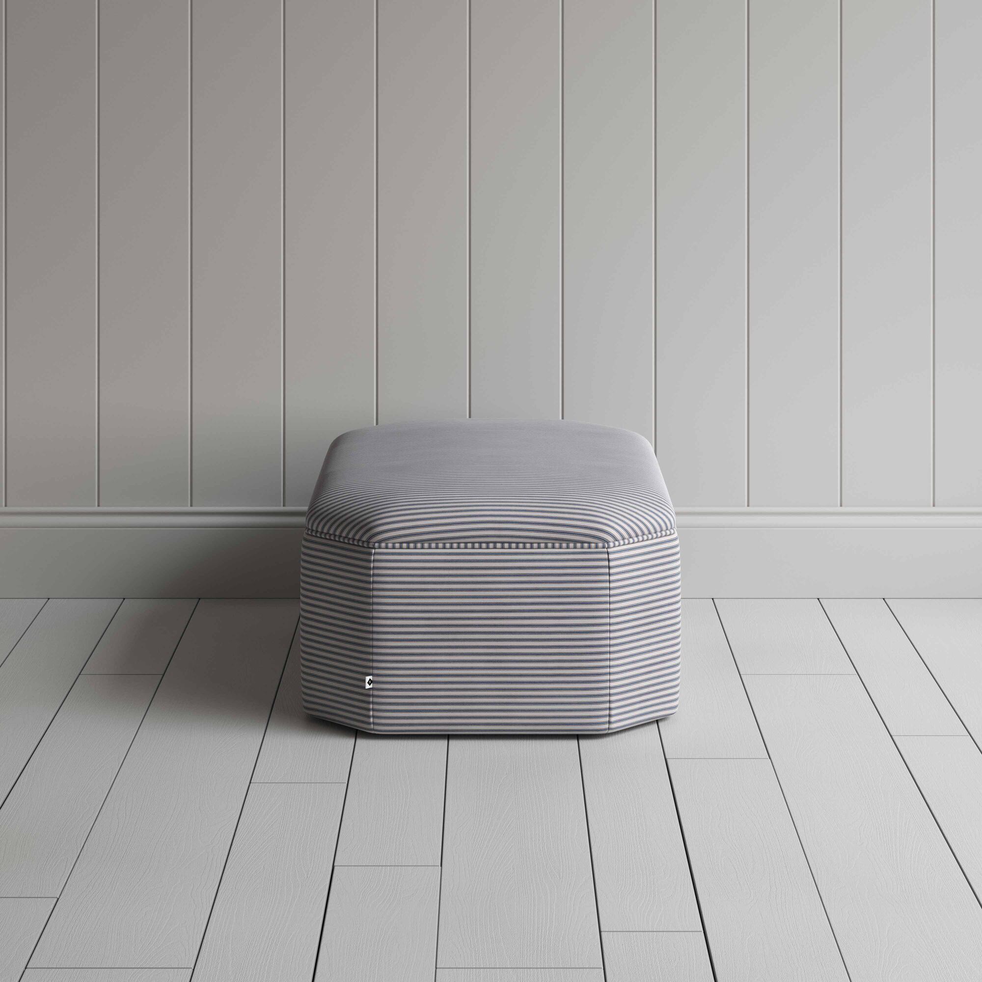 Side View of Ottoman in Ticking Cotton, Blue Brown - NiX