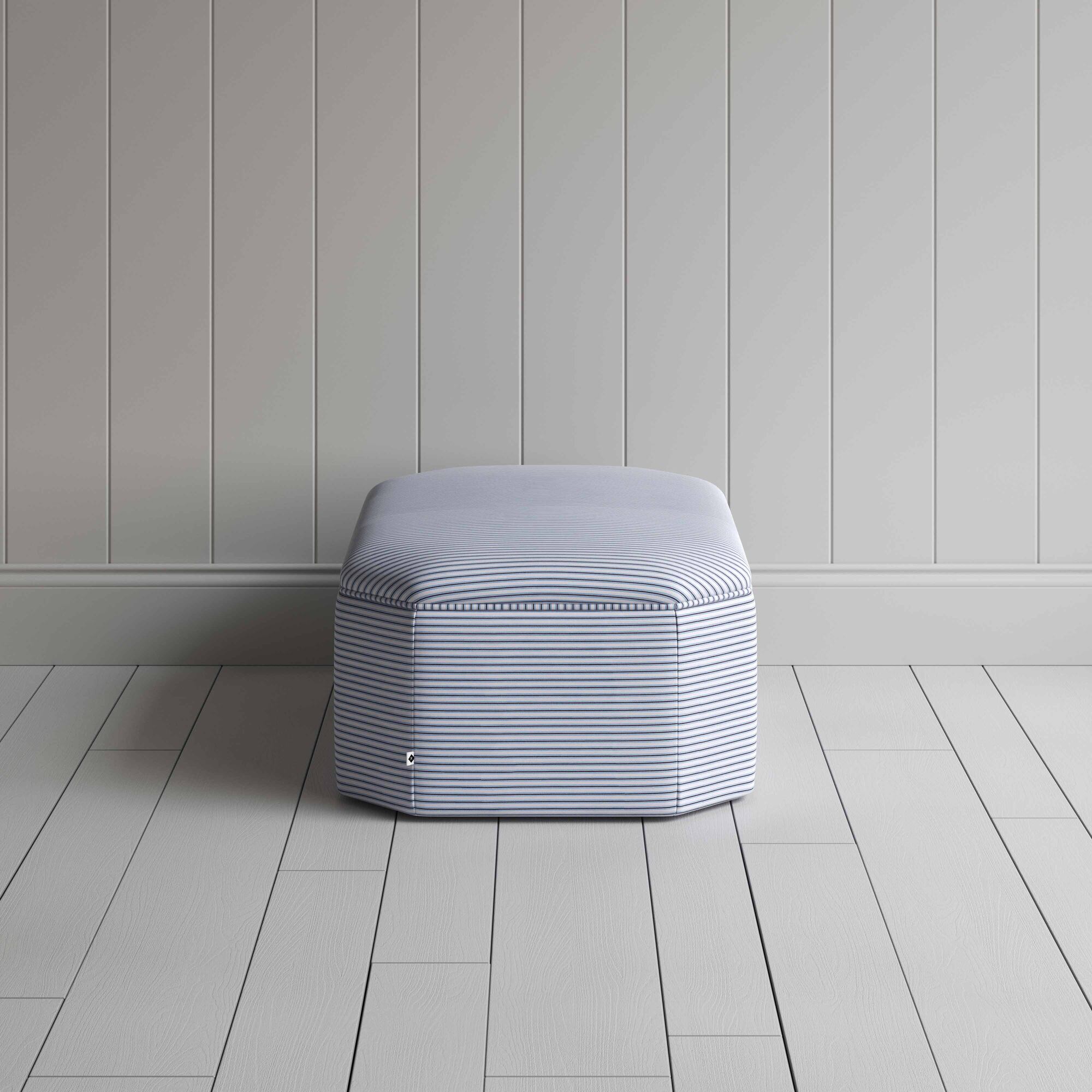 Side View of Ottoman in Ticking Cotton, Aqua Brown - NiX