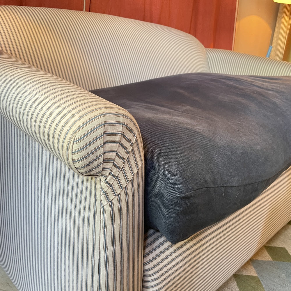 End-of-the-Line - Comfort Zone 3 Seater Sofa in Ticking Blue Brown Frame & Laidback Linen Midnight Seat