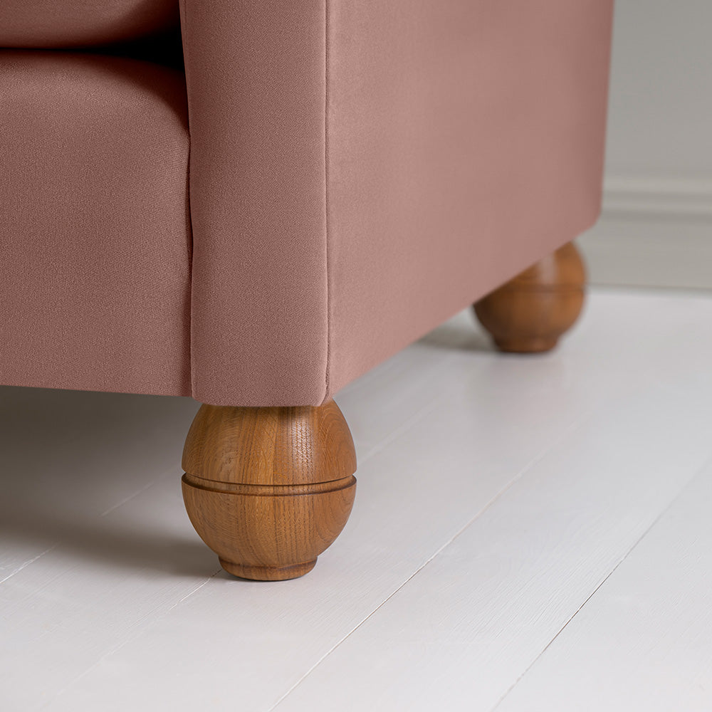 Idler 2 Seater Sofa in Intelligent Velvet Dusky Pink With Round Wooden Foot - Nicola Harding