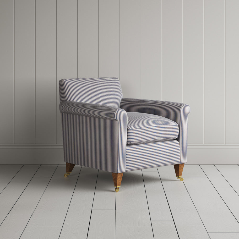Idler Armchair in Ticking Cotton, Blue Brown - Nicola Harding