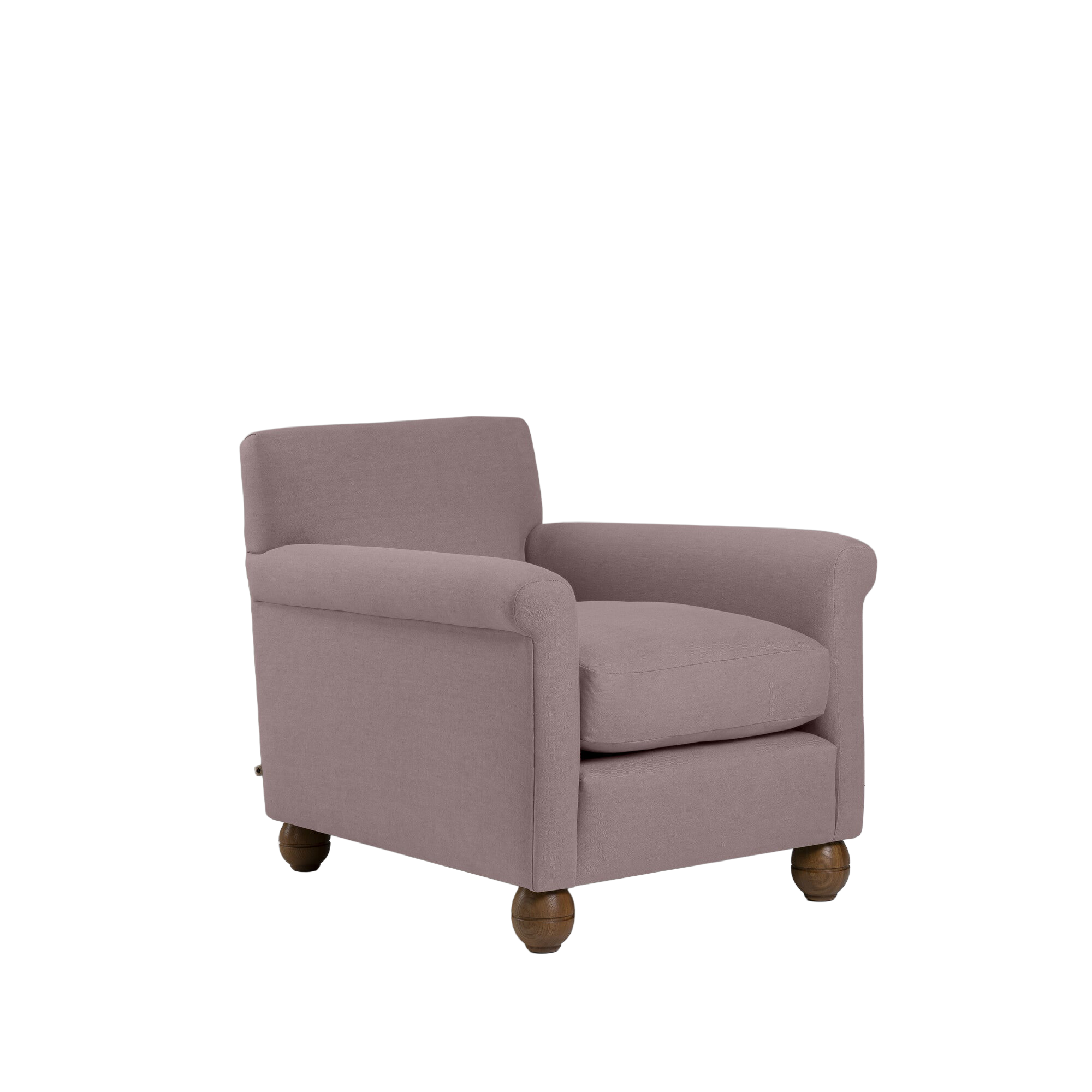 Idler armchair in Laidback Linen Heather with turned wood feet, handmade in the UK by Nicola Harding