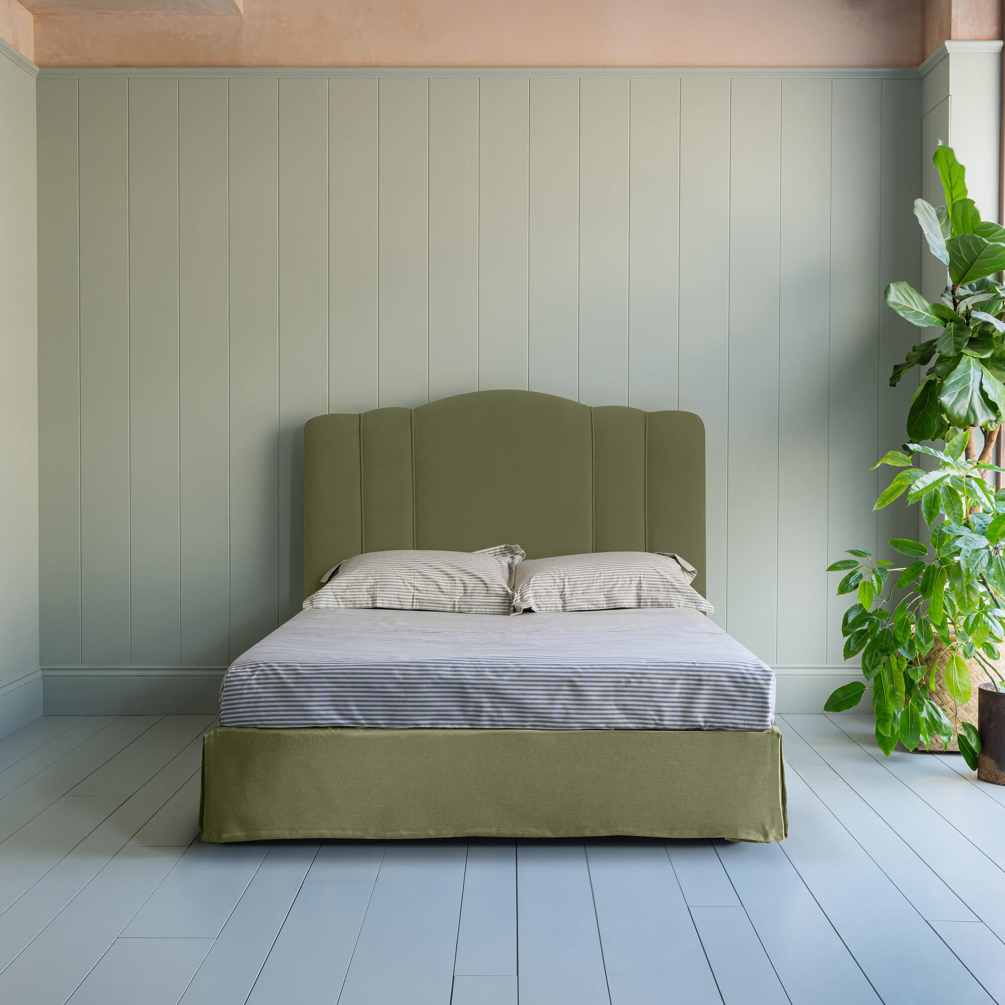 Cloud Nine Upholstered Bed in Intelligent Velvet Green Tea with Kick Pleat Valance front-view.